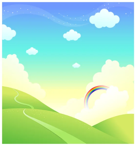 Green mountain with rainbow in sky — Stock Vector