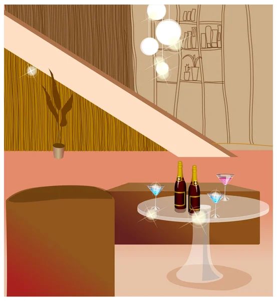 Sala de estar con botella de vino y vasos en la mesa — Vector de stock