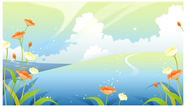 Paisaje con cielo nublado y plantas de flores — Vector de stock