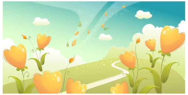 Paisagem verde com flores e céu — Vetor de Stock