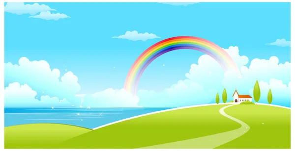 Sea landscape with a rainbow in the background — Stock Vector