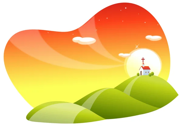 Paisaje rodante e iglesia — Vector de stock