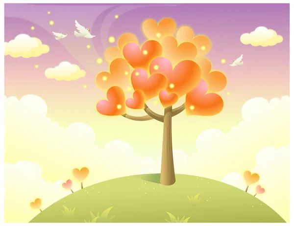 Árvore em forma de coração no topo da colina — Vetor de Stock