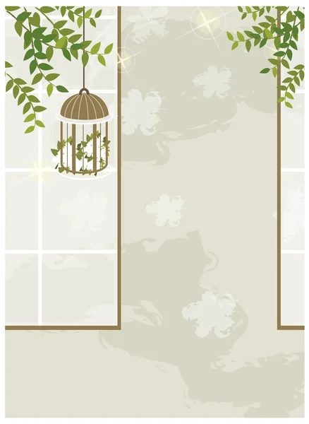 Birdcage colgado en la ventana — Vector de stock