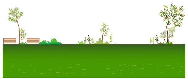 Зеленый пейзаж со скамейками — стоковый вектор