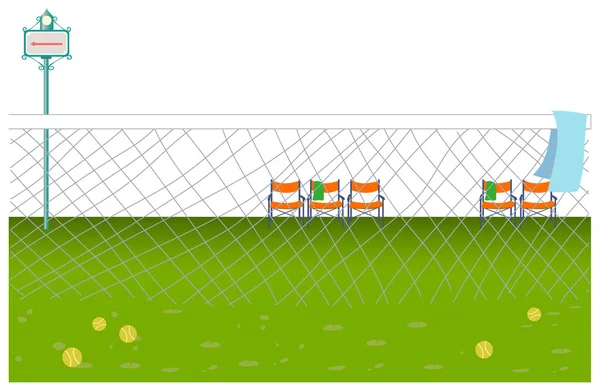 Bolas de tênis espalhadas pelo campo de ténis — Vetor de Stock