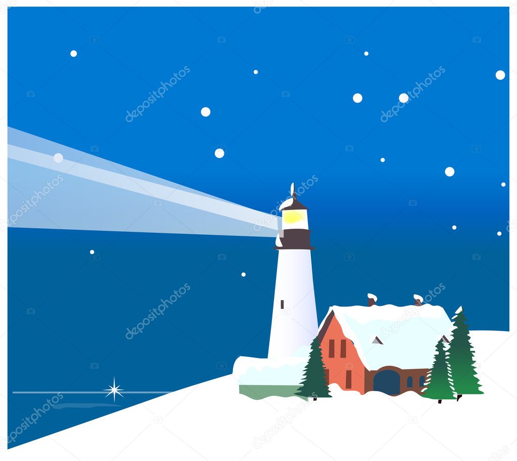 Winter mountains and lighthouse