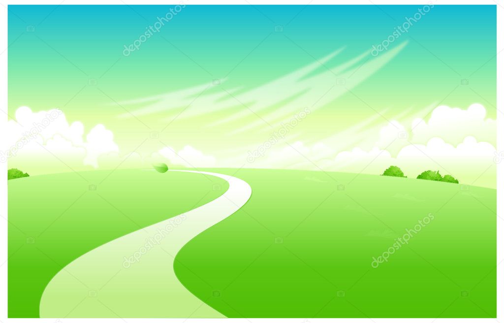 Curved path over green landscape