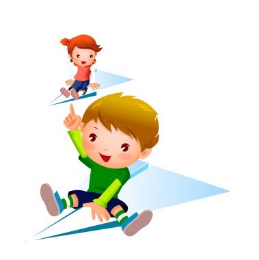 Boy and Girl flying on paper plane clipart