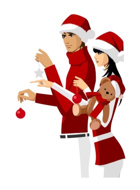 Portrait of couple wearing santa hat and holding teddy bear and christmas ornaments