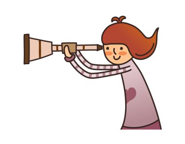 beyaz zemin üzerinde bir teleskopla bakarak kız