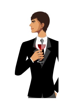 şık adam elinde bir bardak kırmızı şarap