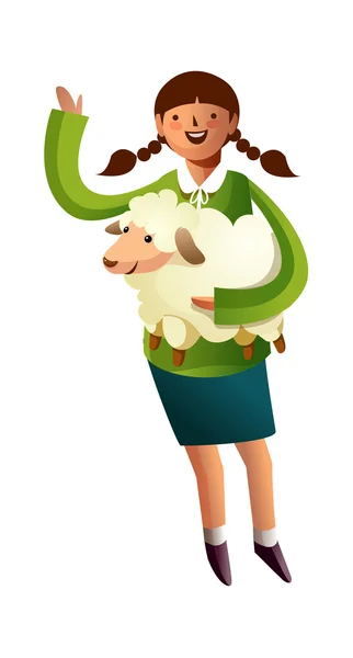 Portrait of girl holding sheep in hand — Stock Vector