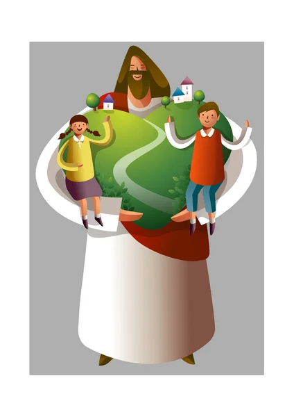 Jesus Christus mit Jungen und Mädchen und herzförmigem Umfeld — Stockvektor