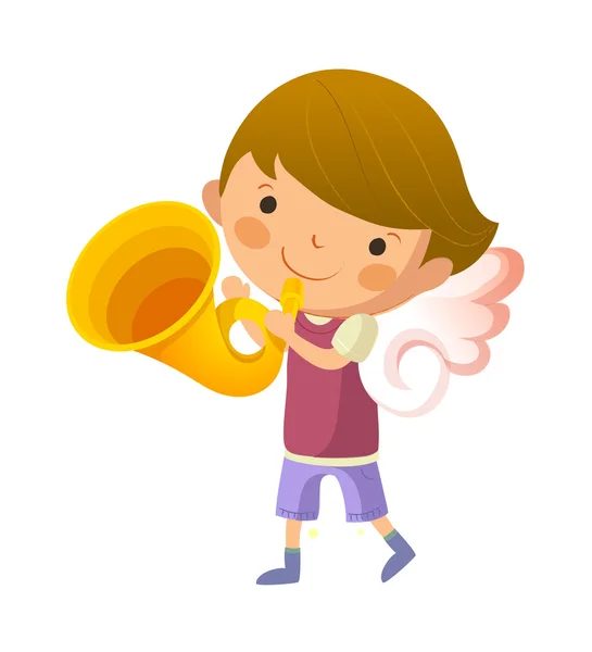 Boy with angel wings and holding trumpet — Stock Vector