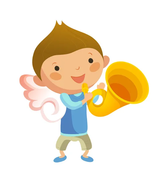 Мальчик с ангельскими крыльями и трубой в руках — стоковый вектор