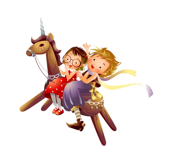 Perfil de dos chicas montando un unicornio de madera — Archivo Imágenes Vectoriales