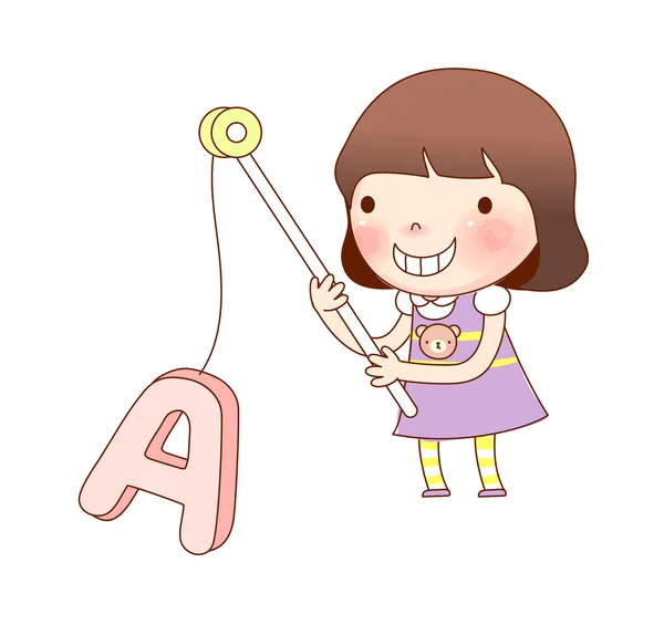 Portrait of girl holding alphabet A in fishing rod — Stock Vector