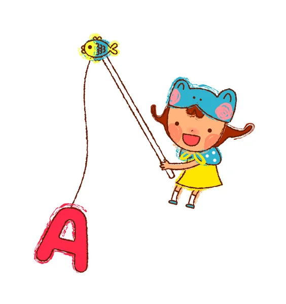 Portrait of Girl holding fishing rod with alphabets A — Stock Vector