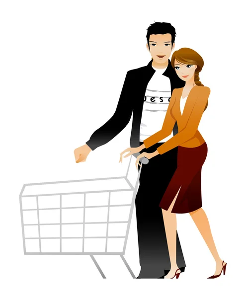 Couple holding shopping trolley — Stock Vector