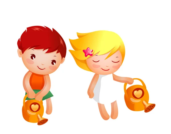 Boy and Girl watering — Stock Vector