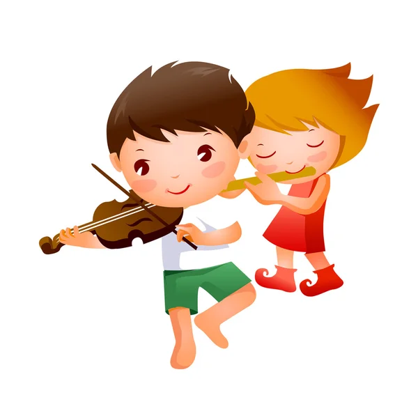 Niño y niña tocando instrumento musical — Vector de stock