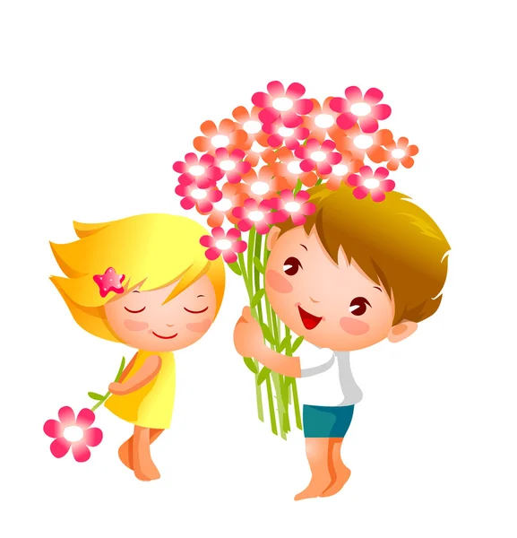 Menino e menina com flores —  Vetores de Stock