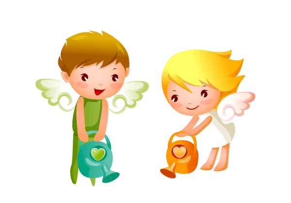 Menino e menina anjos regando —  Vetores de Stock