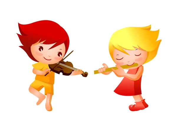 Menino e menina tocando instrumento musical —  Vetores de Stock