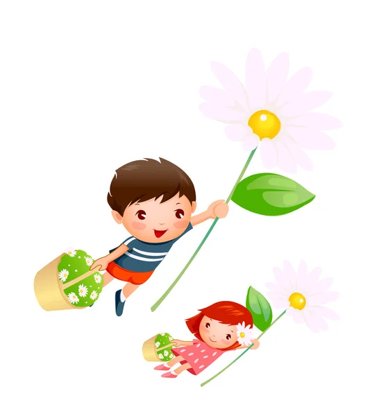 Niño y niña volando con flores — Vector de stock