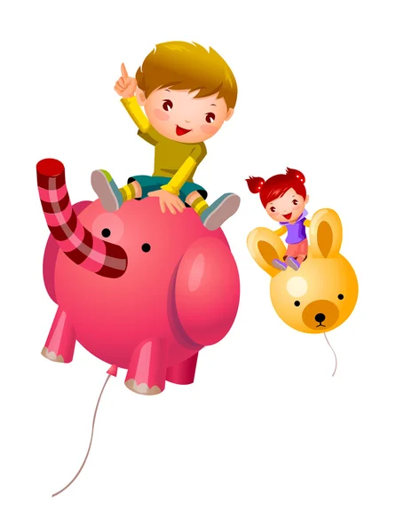 Menino e menina sentados no balão —  Vetores de Stock