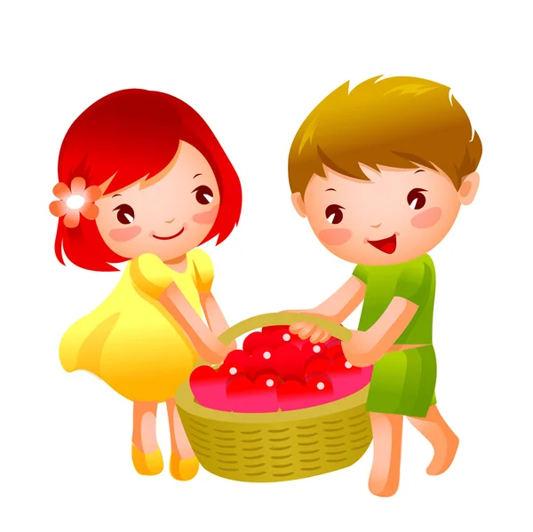 Chica y niño llevando frutas en forma de corazón en una cesta — Archivo Imágenes Vectoriales