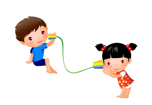 Мальчик и девочка играют с жестяным телефоном — стоковый вектор