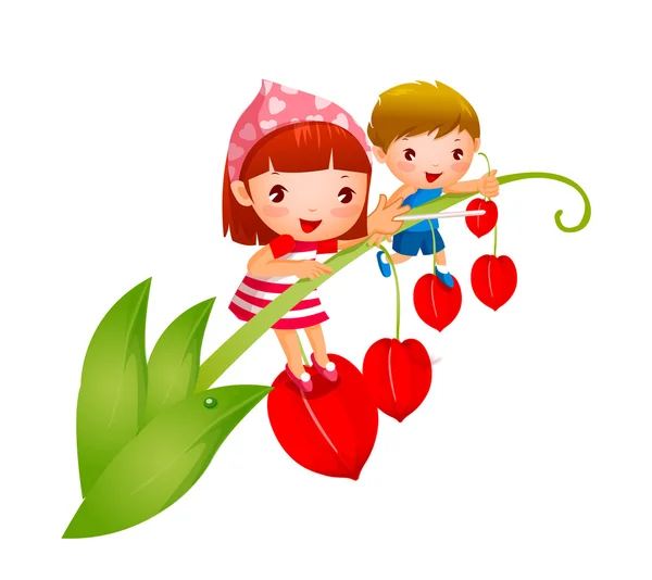 Boy and Girl on Bleeding Heart Bloom — Stock Vector