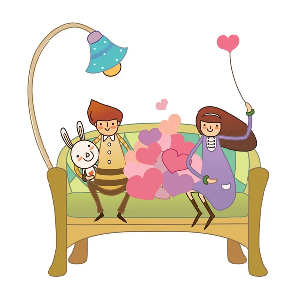 Boy and Girl sitting on sofa holding bunny and balloon — Stock Vector