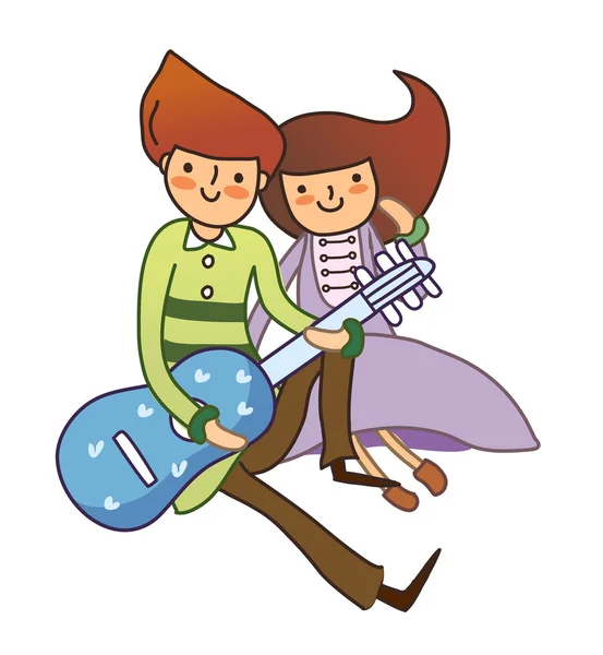Gitar dolaşan kız ve erkek — Stok Vektör