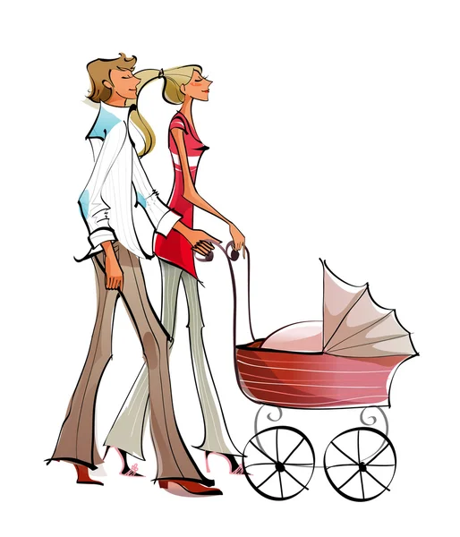 Perfil lateral de um casal empurrando uma carruagem de bebê —  Vetores de Stock