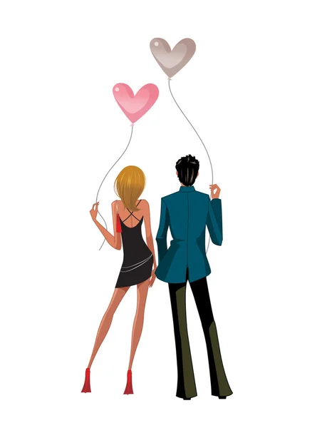 Vue arrière du couple debout ensemble tenant des ballons — Image vectorielle