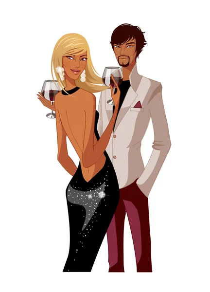 Elegante pareja sosteniendo el vino — Vector de stock