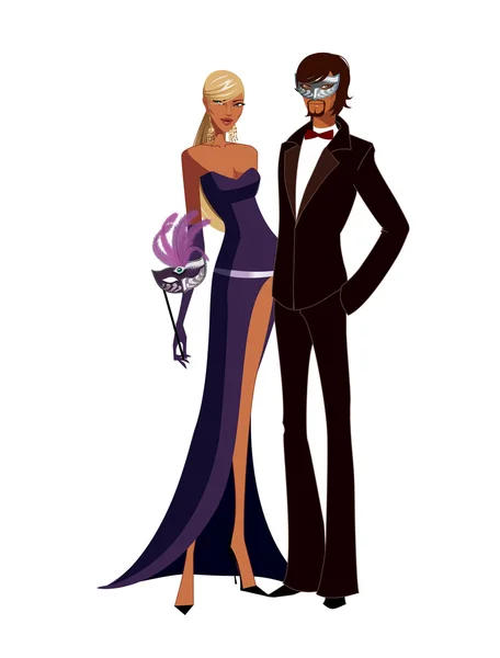 Pareja con máscara de mascarada y celebración de vino — Vector de stock