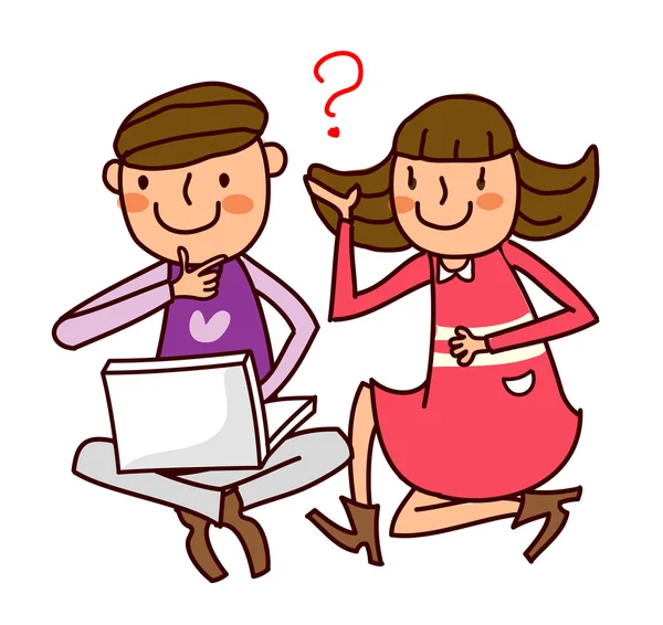 Vue arrière de garçon et fille travaillant sur ordinateur portable — Image vectorielle