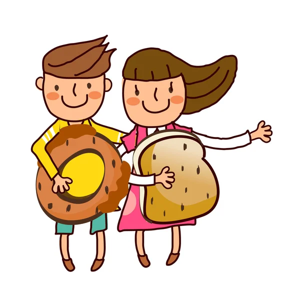 Portrait of Boy and Girl holding bun and bread — Stock Vector