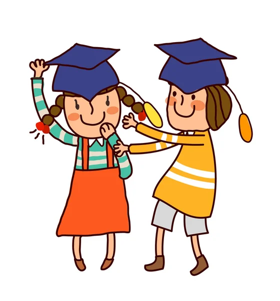 Retrato de niño y niña con gorra de graduación — Vector de stock