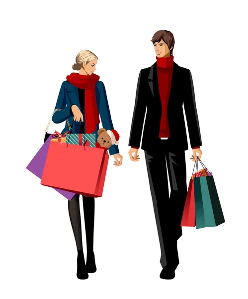 Pareja con bolsas de compras y regalos — Archivo Imágenes Vectoriales