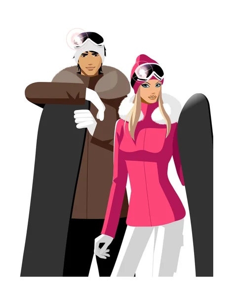 Pareja con tablas de snowboard, con trajes de esquí — Vector de stock