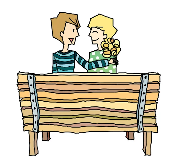 Ragazzo e ragazza seduta su panchina — Vettoriale Stock