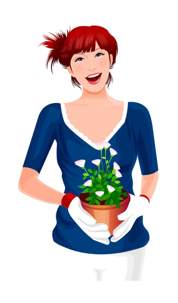 Portrait d'une femme tenant une plante en pot — Image vectorielle