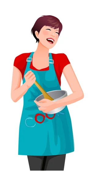 Close-up of a woman holding a bowl and a wooden spoon — Stock Vector