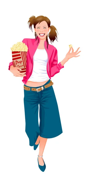 Porträt einer Frau, die einen Karton Popcorn in der Hand hält und lächelt — Stockvektor