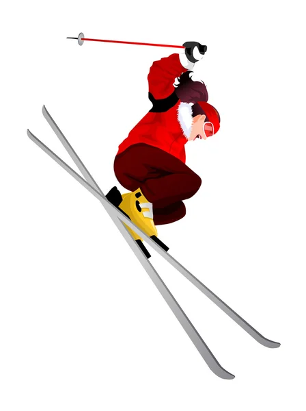 Lage hoekmening van een vrouw skiën — Stockvector
